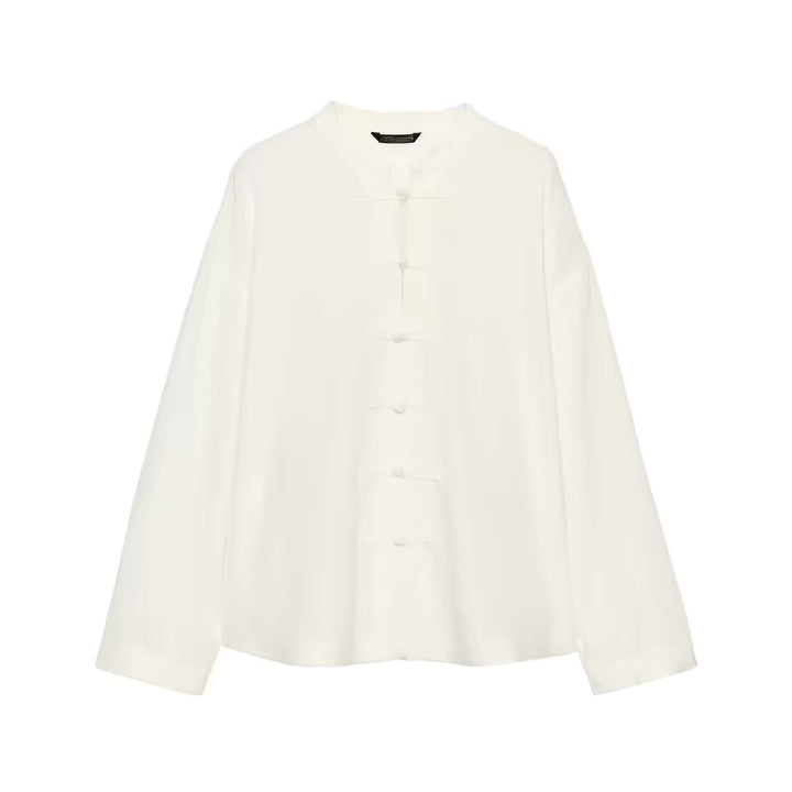Damen Locker geschnittene Bluse im Mandarin‑Look mit Knotenknöpfen Drune