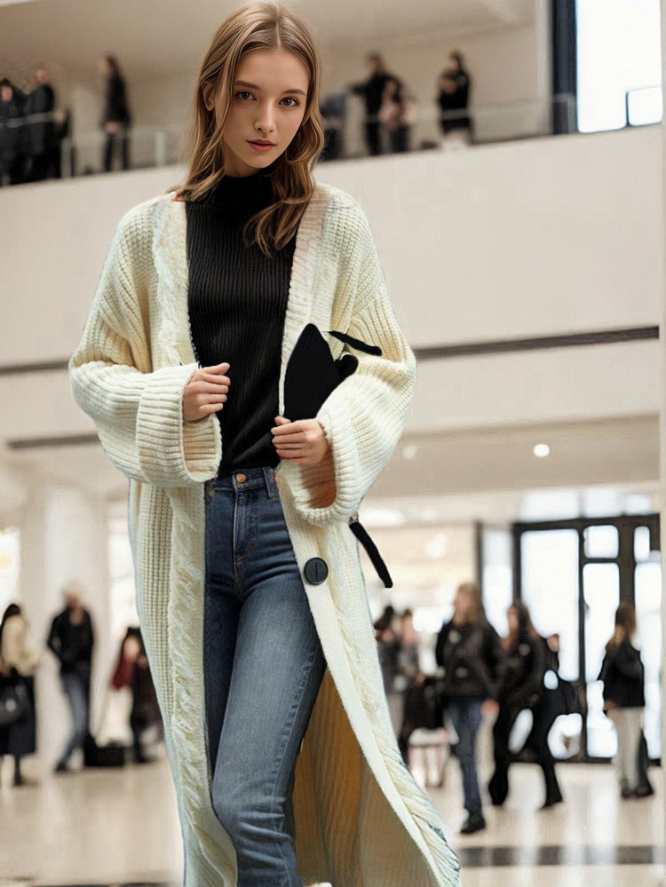 Damen Grobstrick-Cardigan mit fransigen Details und großer Knopfverzierung Drune