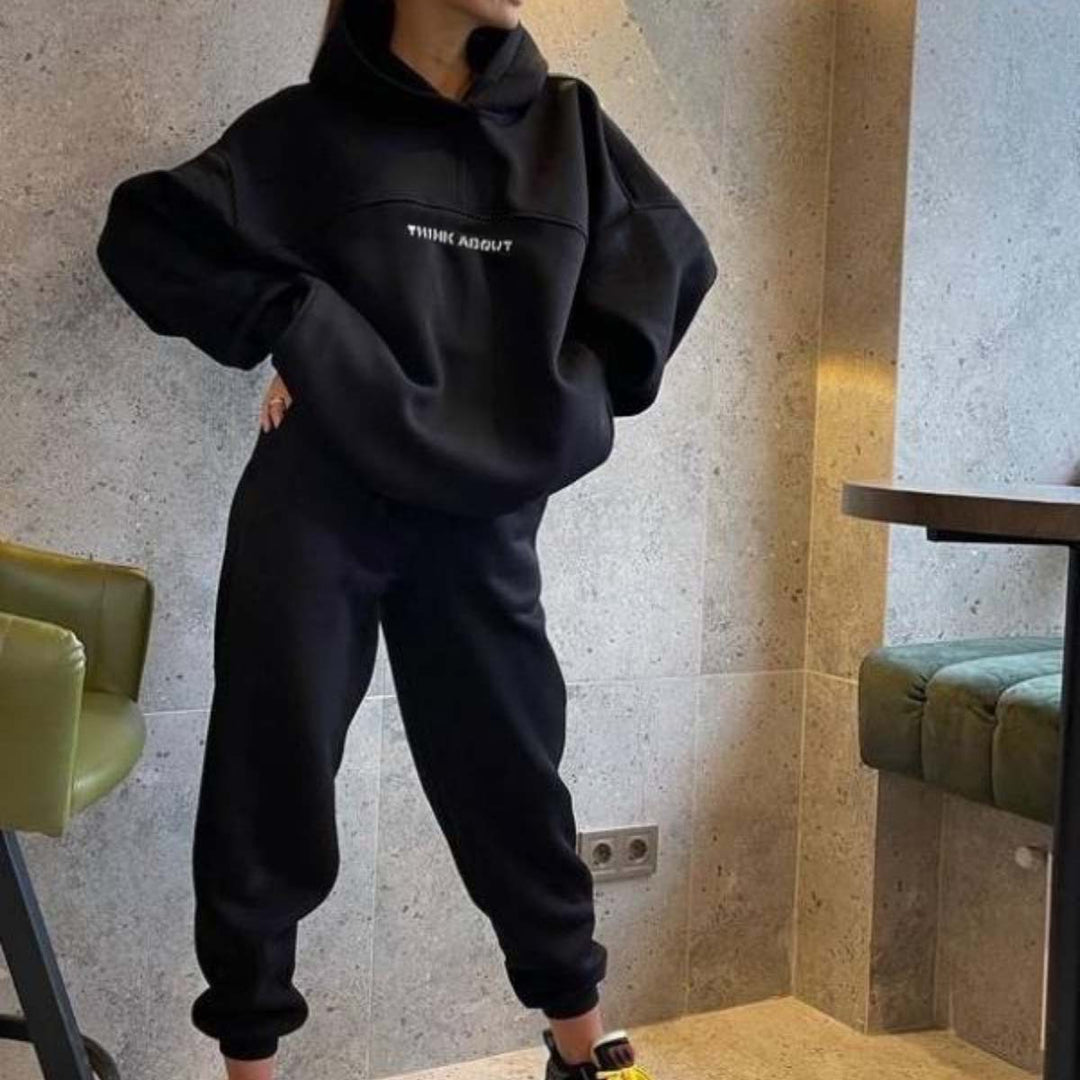 Damen Oversized Kapuzenpullover mit Statement-Print und elastischer High-Waist Jogginghose Set Drune