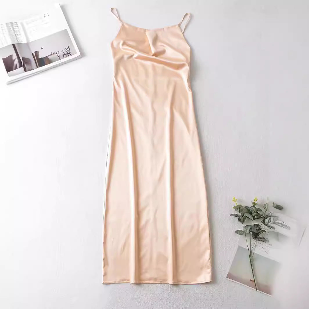 Damen Satin-Midikleid mit verführerischem V-Ausschnitt und Spaghettiträgern Drune