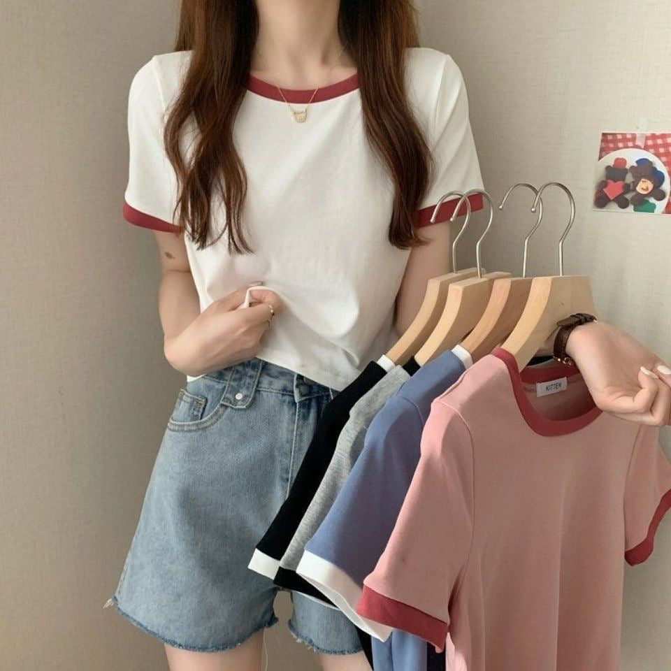 Damen Kurzarm T-Shirt mit kontrastierenden Abschlüssen und leichtem Baumwollstoff