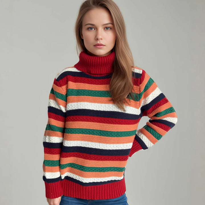 Damen gestreifter Rollkragenpullover mit lässigem Schnitt und weicher Textur Drune