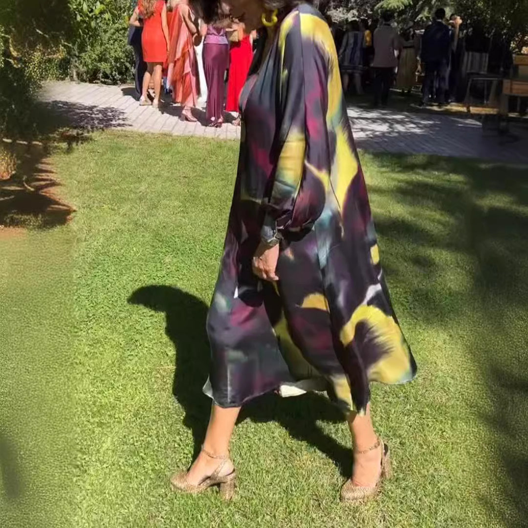 Damen nan fließendes Midikleid mit abstraktem Print, V-Ausschnitt, Ballonärmeln und Schmuckverschluss Drune