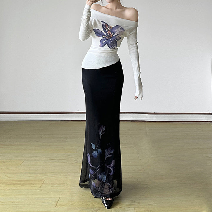 Damen Eleganter Maxirock mit floralen Akzenten und transparentem Unterstoff Drune