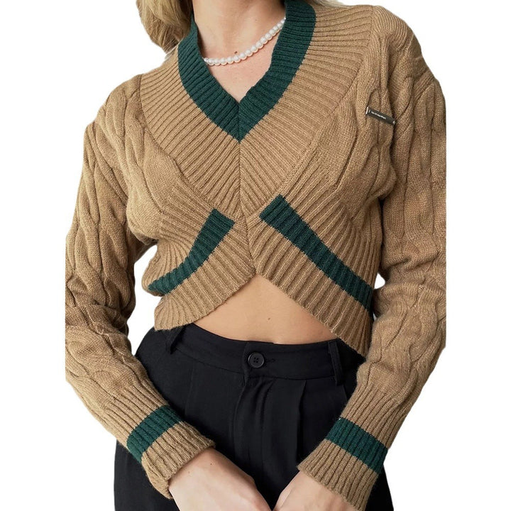 Damen cropped Strickpullover mit V-Ausschnitt und Kontrastdetails Drune