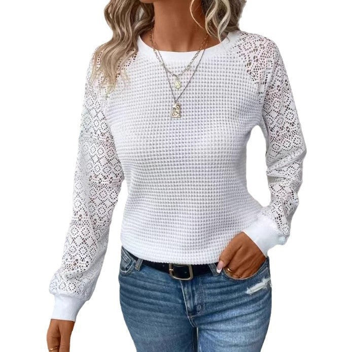 Damen nan Pullover mit Waffelstruktur, Raglanform und transparenter Spitzenärmel Drune