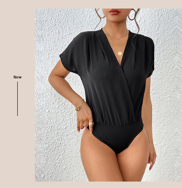 Damen Wickel-Bodysuit mit V-Ausschnitt und eleganten Puffärmeln Drune