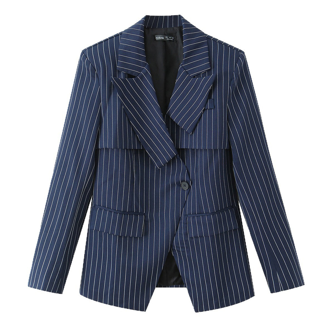 Damen Eleganter Nadelstreifen-Blazer mit asymmetrischem Revers und Pattentaschen Drune