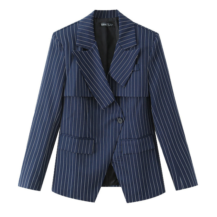 Damen Eleganter Nadelstreifen-Blazer mit asymmetrischem Revers und Pattentaschen Drune