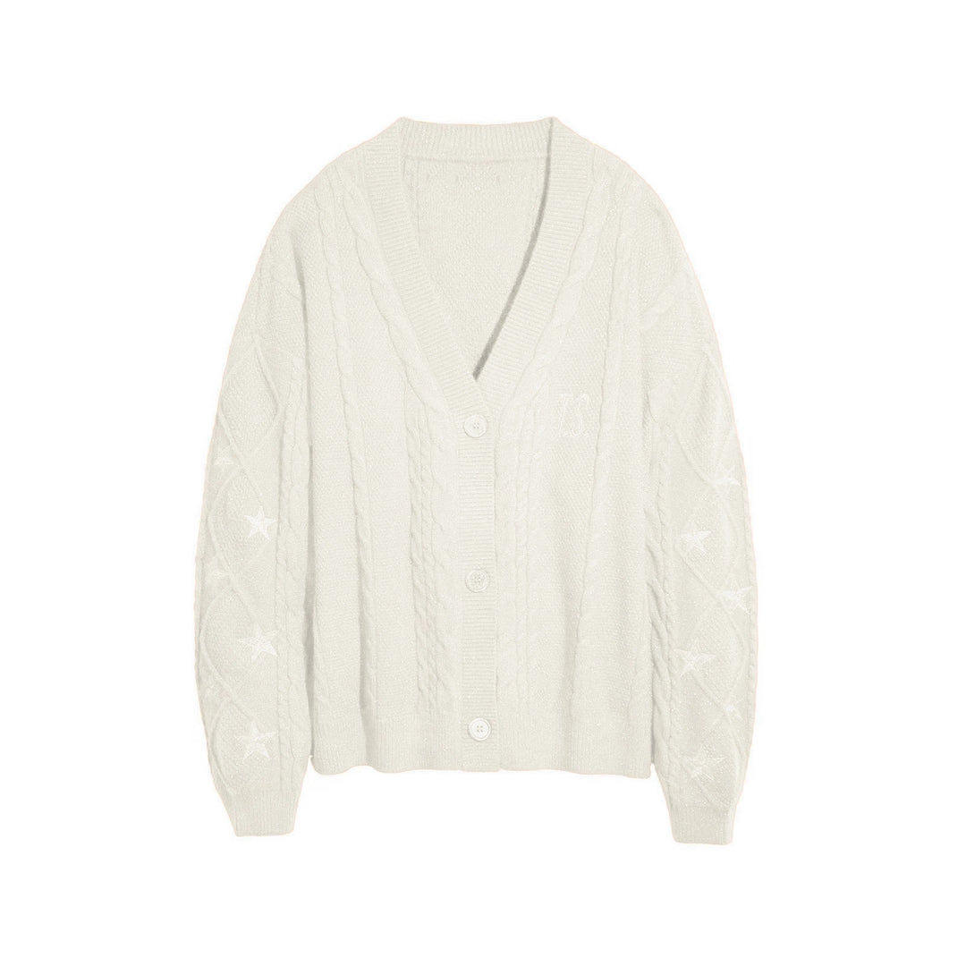 Damen nan großzügiger Grobstrick-Cardigan mit Zopfmuster, V-Ausschnitt und Sternstickereien Drune
