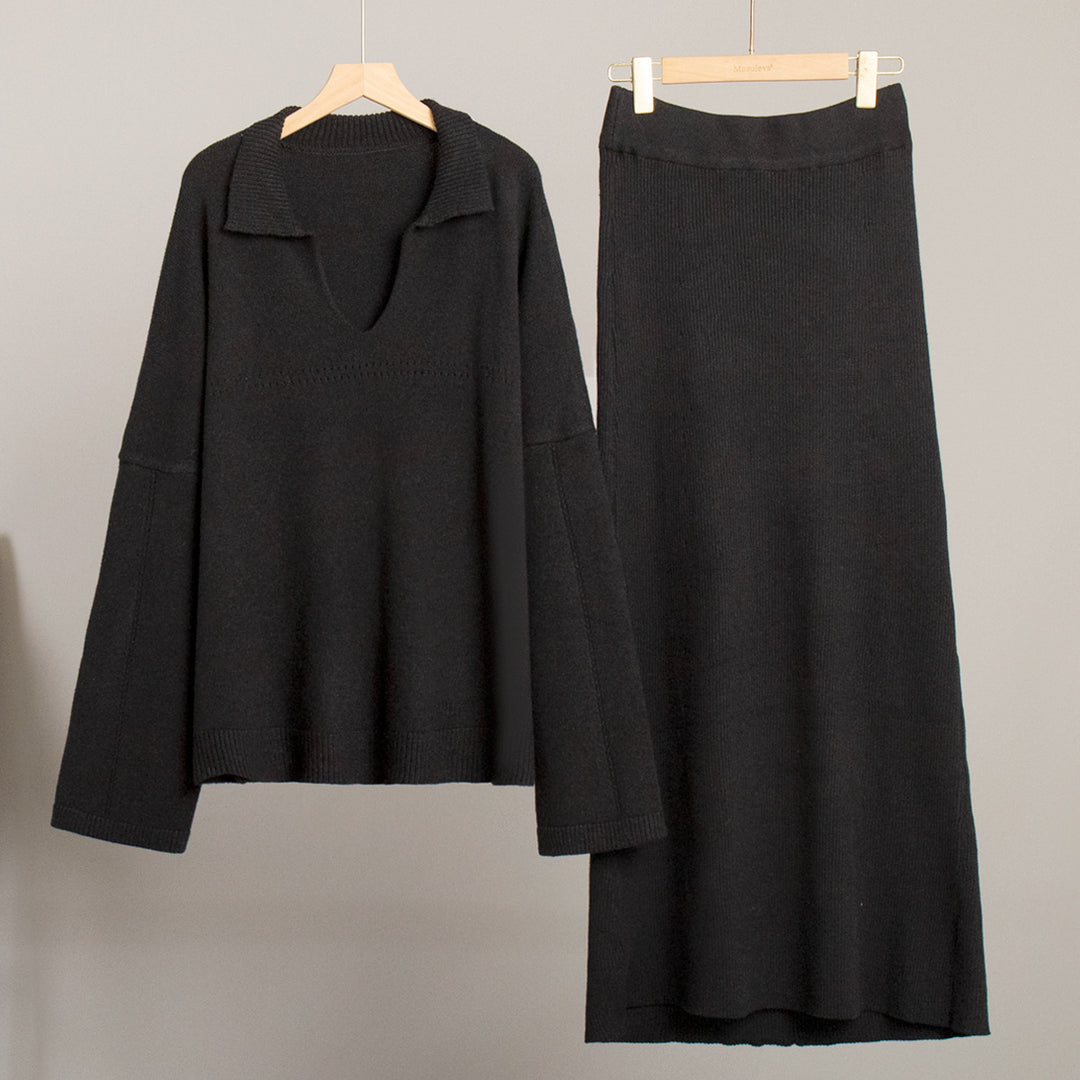Damen Modisches Strick-Ensemble mit weitem Schnitt und tiefem V-Ausschnitt Drune