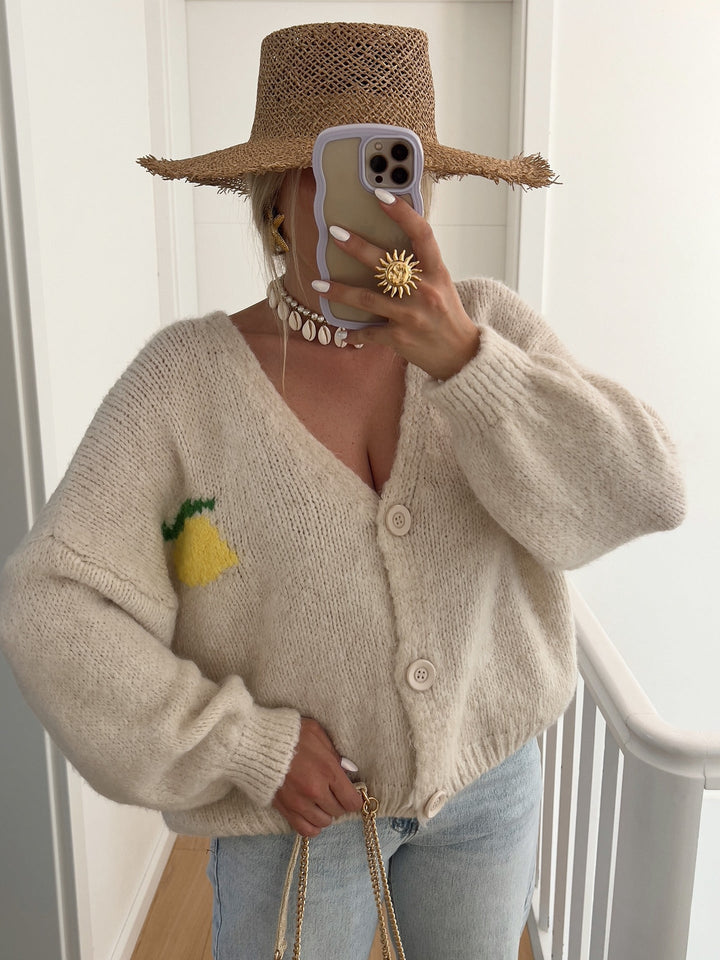 Damen Grober Strickcardigan mit einzigartigem Zitronenmotiv und knopfbarem Verschluss Drune