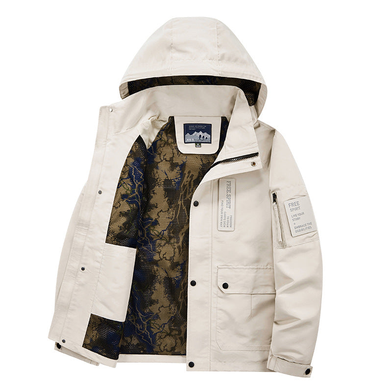 Herren Kapuzen-Fieldjacke mit Camouflage-Netzfutter und wasserabweisender Utility-Außenlage Drune