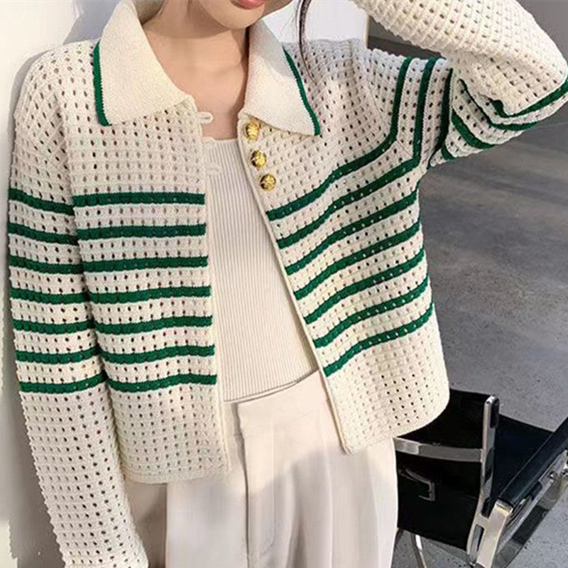 Damen Strickcardigan mit maritimem Streifenmuster und Knopfdetails Drune