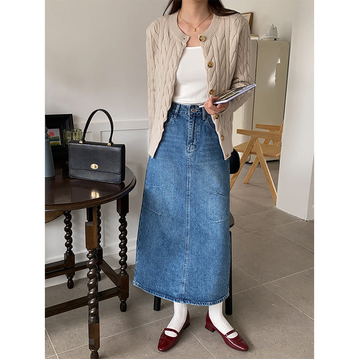 Damen Langer Denimrock mit modischen Taschen Drune