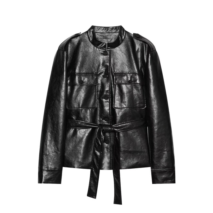 Damen Taillierter Kunstleder-Blouson mit Bindegürtel und Pattentaschen Drune