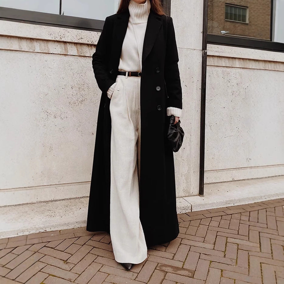 Damen Eleganter Oversized Wolle-Mantel mit schmalem Gürtel Drune