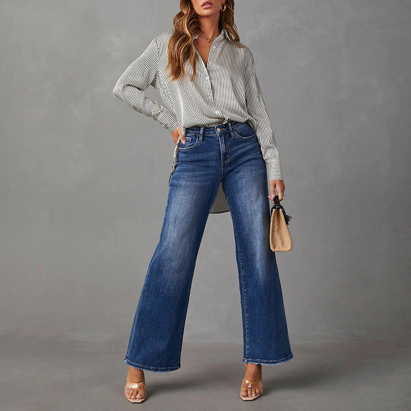 Damen High-Waist Denim-Schlaghose mit weitem Bein und leichter Vintage-Waschung Drune