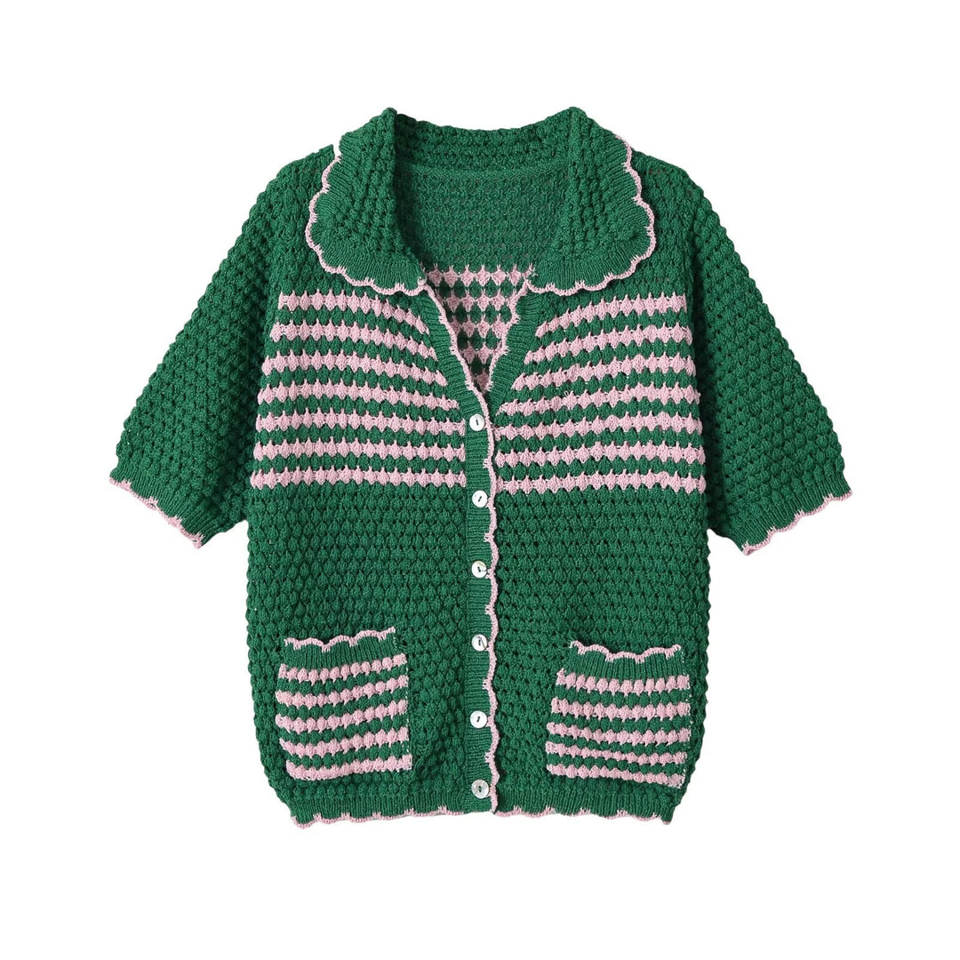 Damen Kurze gehäkelte Strickjacke mit Rüschenkragen und Kontraststreifen Drune