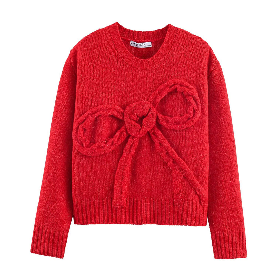 Damen Grobstrick-Pullover mit geflochtenem Schleifenapplikation Drune