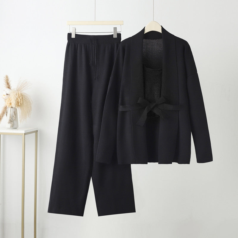 Damen gemütliches Freizeit-Loungewear-Set mit Bindegürtel und weitgeschnittenen Hosen Drune