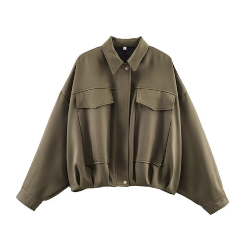 Damen nan oversized Utility-Jacke mit übergroßen Pattentaschen, überschnittener Schulter und elastischem Bund Drune