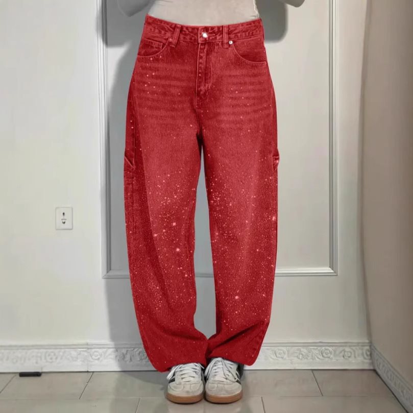 Damen High-Waist Jeans im weiten Cargo-Schnitt mit funkelndem Strassbesatz Drune