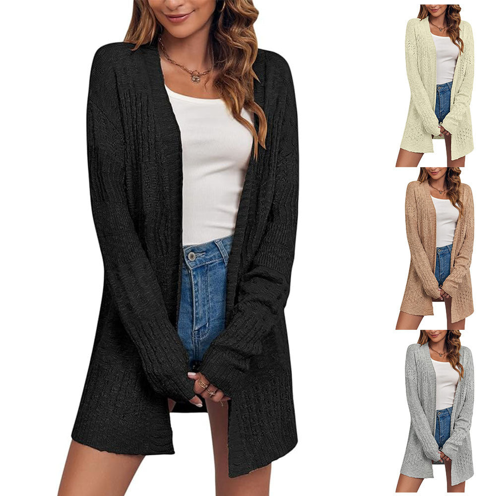 Damen Offener Strickcardigan mit Ajourmuster und lässiger Longline-Silhouette Drune