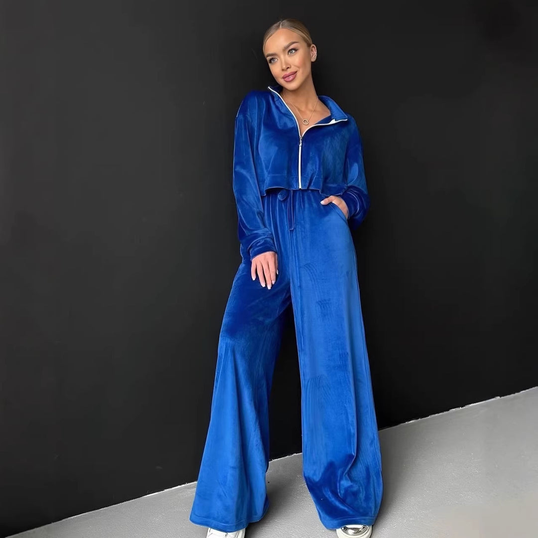 Damen gekürztes Velours-Cropped-Hoodie mit Stehkragen und elastischer High-Waist-Palazzo-Jogginghose Drune