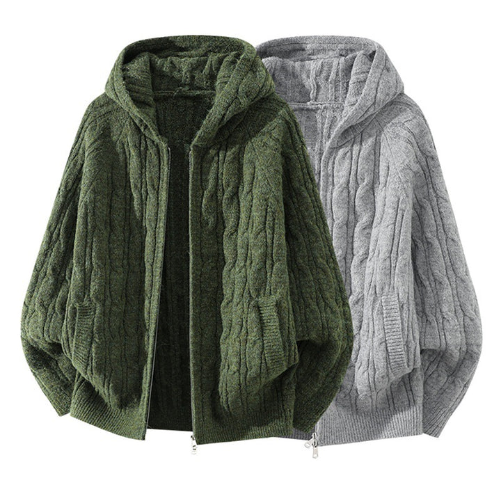 Damen Oversize Zopfstrick-Kapuzencardigan mit durchgehendem Reißverschluss und Ballonärmeln Drune