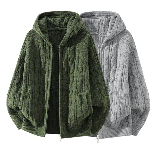 Damen Oversize Zopfstrick-Kapuzencardigan mit durchgehendem Reißverschluss und Ballonärmeln Drune