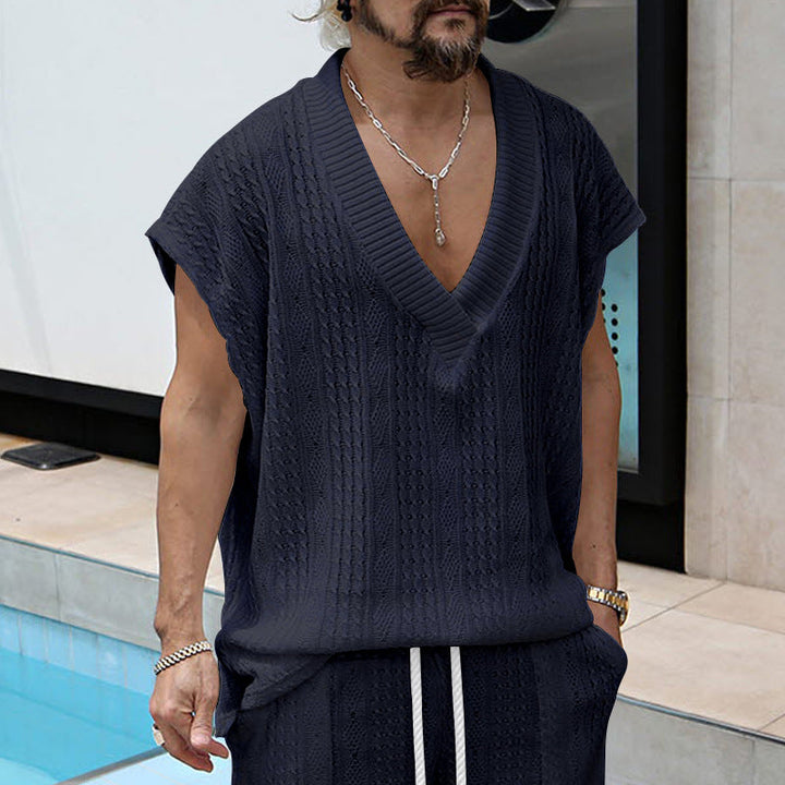Herren lässiges Strick-T-Shirt mit V-Ausschnitt und oversized Schnitt Drune