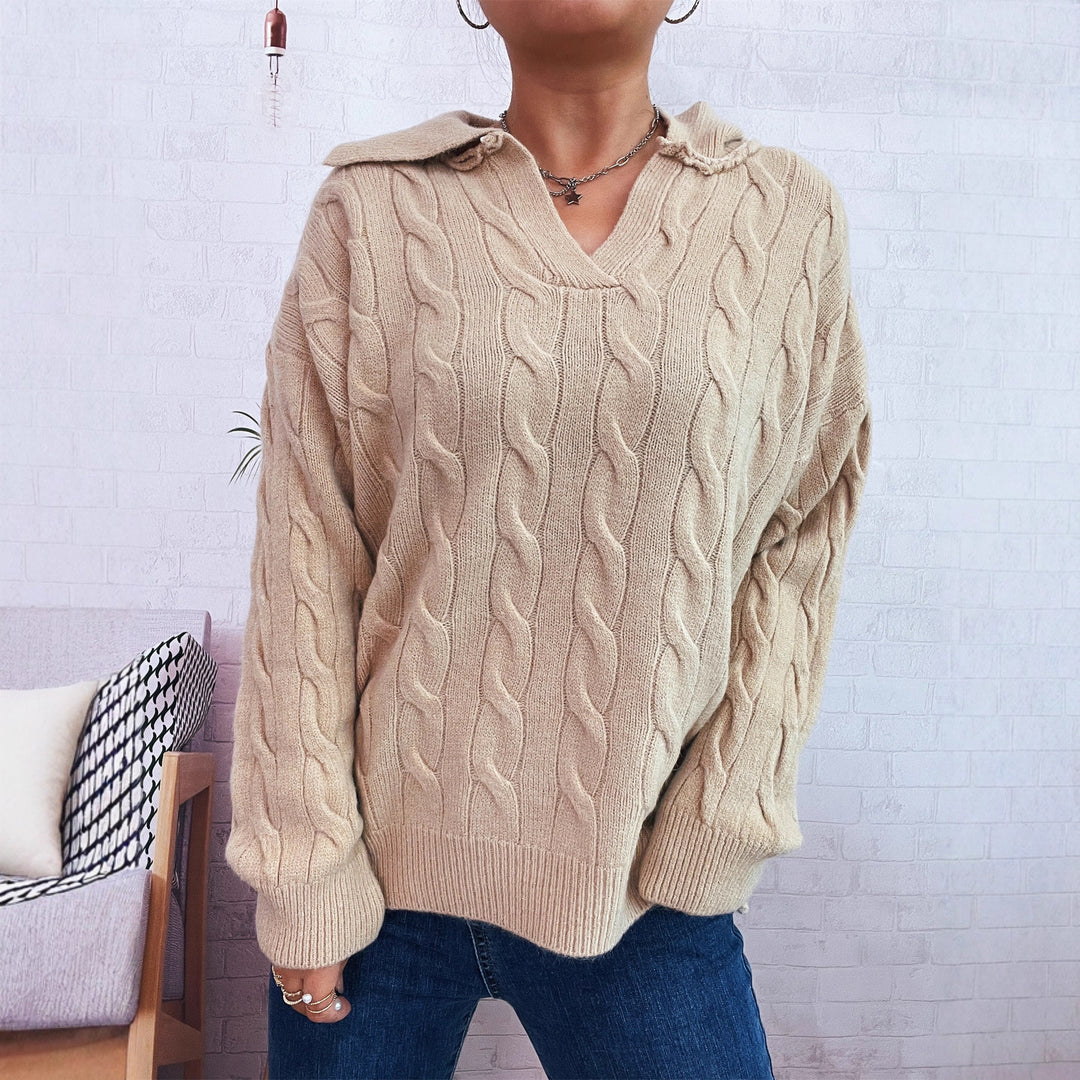Damen Grobstrickpullover mit farbenfrohem Zopfdesign und klassischem Kragen Drune
