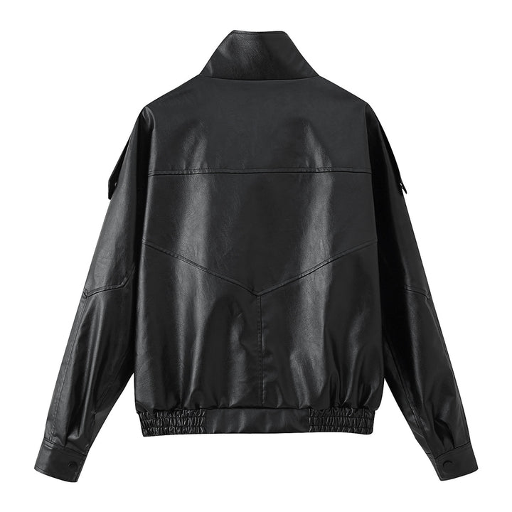 Herren nan lässige Bikerjacke aus Kunstleder mit hohem Stehkragen, Schulterklappen und elastischem Saum Drune