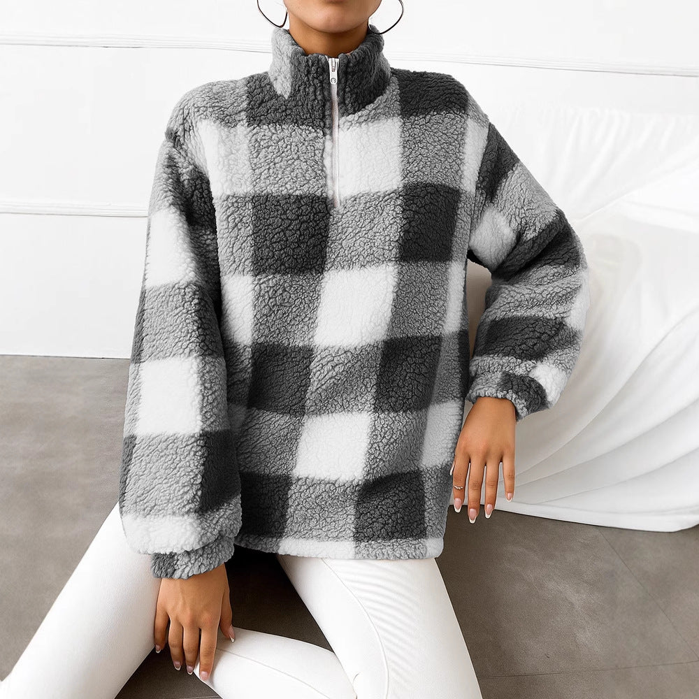 Damen nan kariertes Teddy-Fleece Pullover mit Stehkragen und halbhohem Reißverschluss Drune