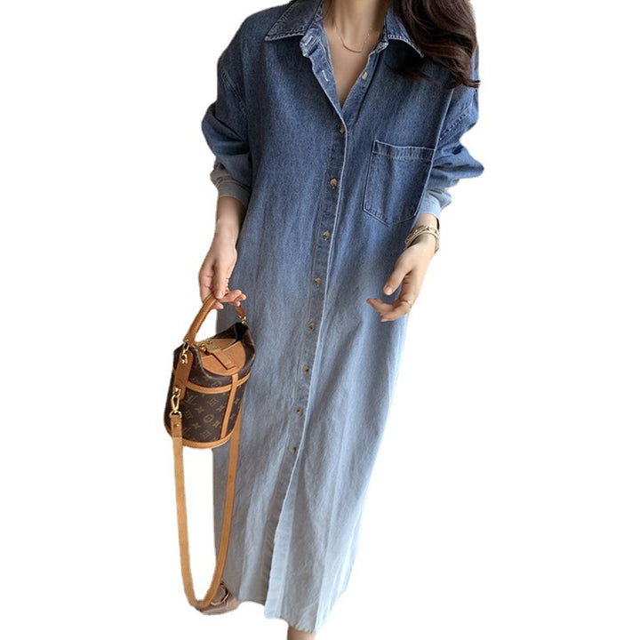 Damen Verlaufs-Jeans-Hemdkleid Maxi mit durchgehender Knopfleiste, Brusttasche und Seitenschlitzen Drune