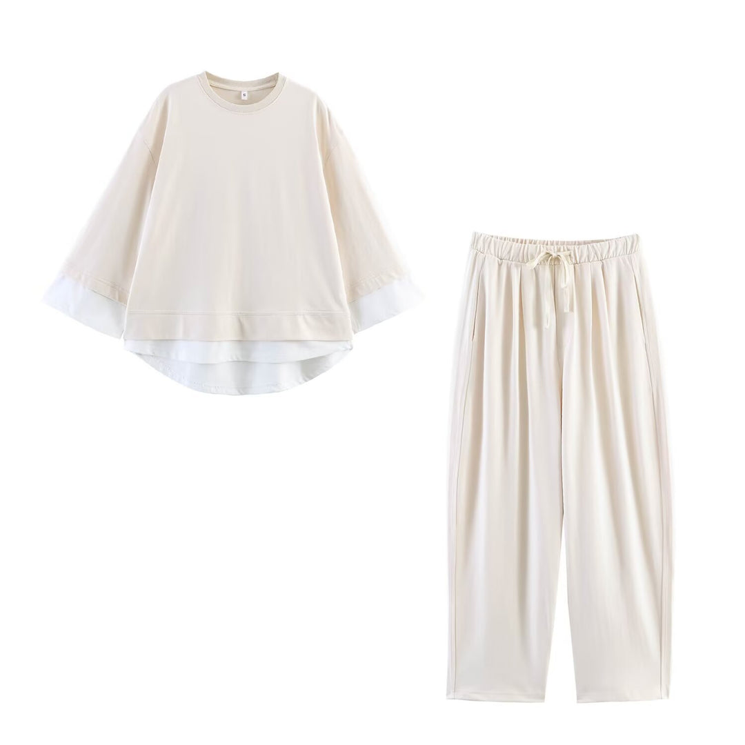 Damen Loungewear-Set aus weichem Jersey mit überlappendem Layer-Top und elastischer Highwaist-Hose Drune