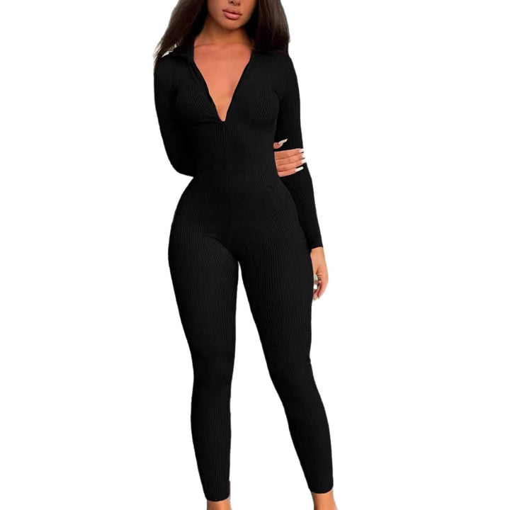 Damen Figurbetonter Rippstrick Jumpsuit mit Reißverschluss und Hemdkragen Drune