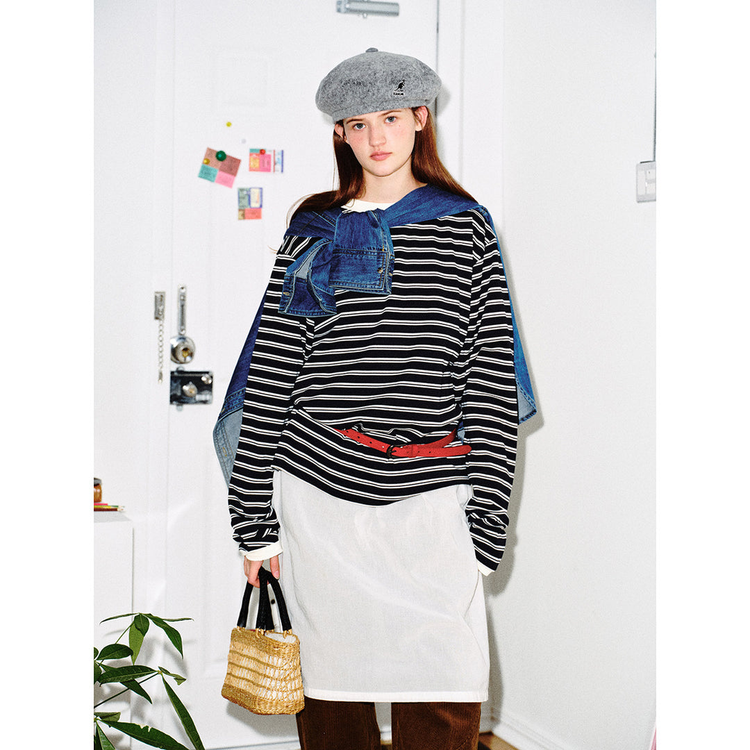 Unisex Gestreiftes Langarmshirt im Breton‑Stil mit kontrastiertem Rippenkragen und Relaxed Fit Drune