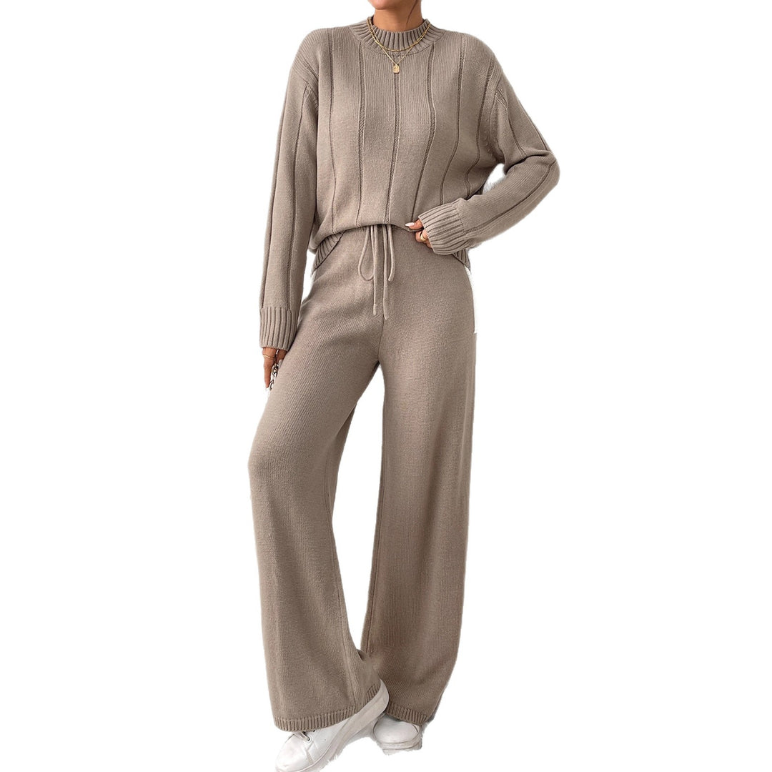 Damen lässiges Strick-Set mit hochabschließendem Pullover und weitem Hosen Drune