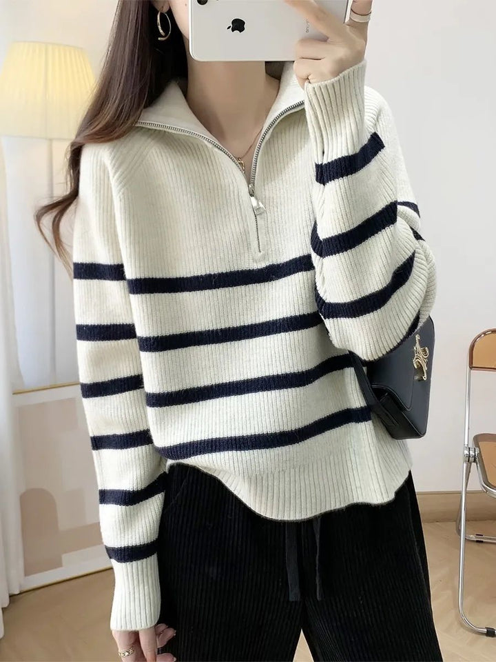 Damen gemütlicher Strickpullover mit Halbzipper Drune