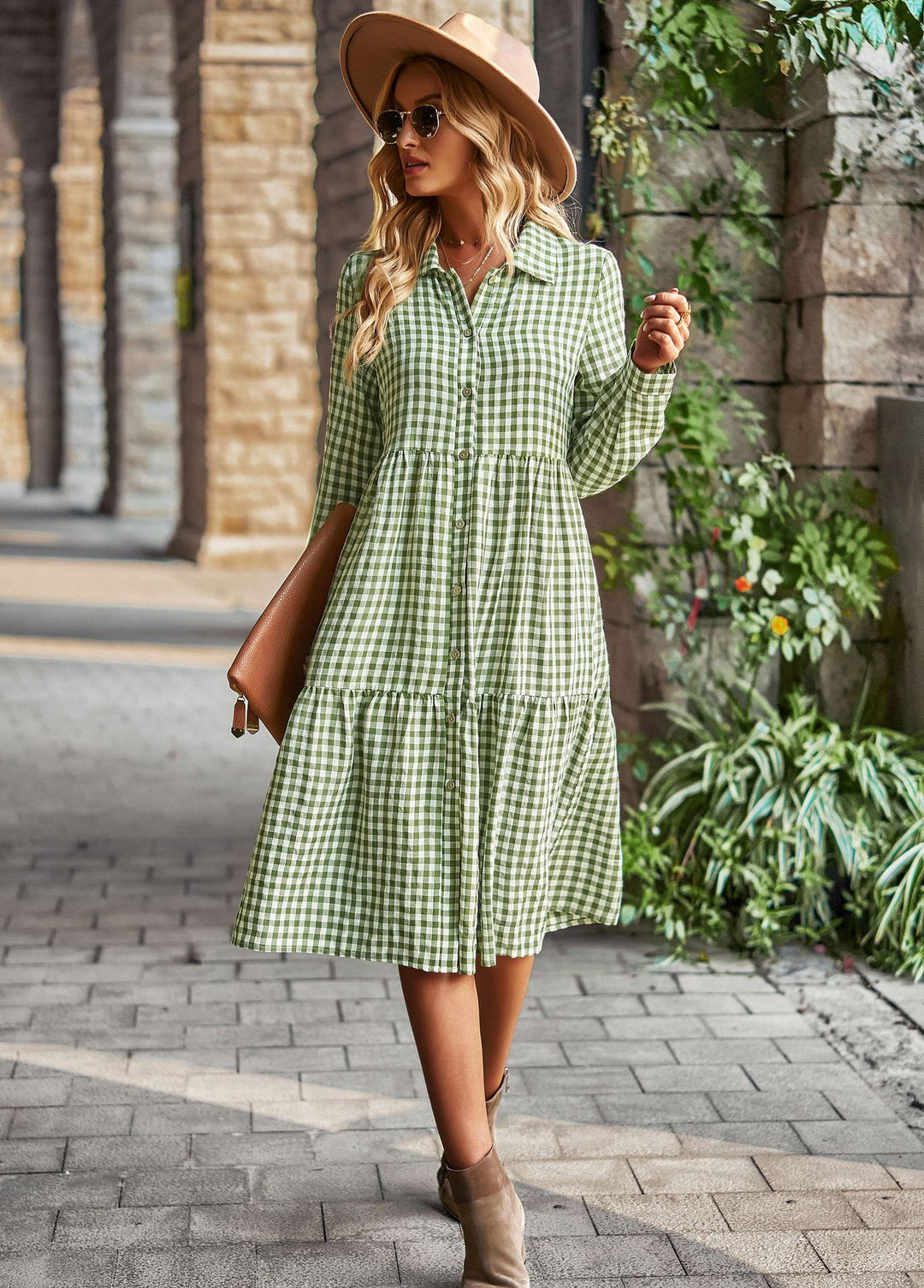 Damen karierte Midi-Bluse mit Knopfleiste und ausgestelltem Rock Drune