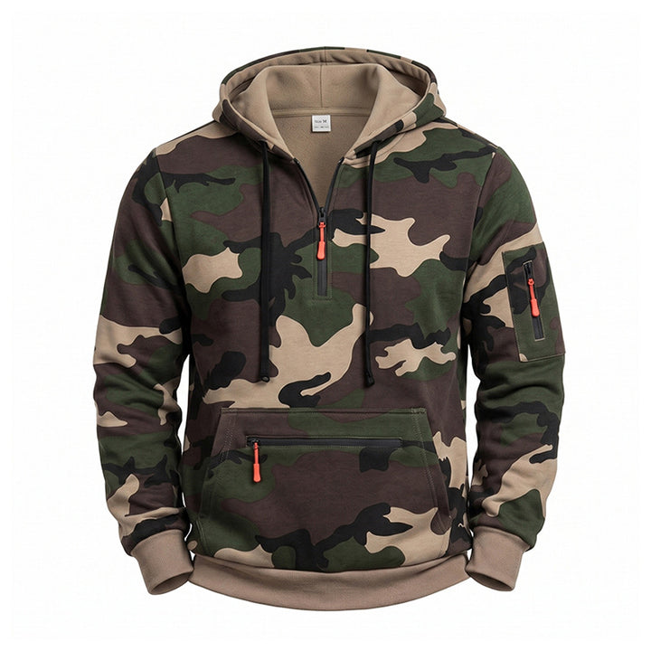 Herren Kapuzenpullover Camouflage mit Fleecefutter, Halbzip und Reißverschlusstaschen Drune