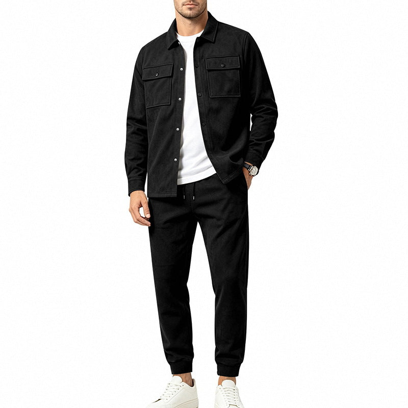 Herren Modernes Overshirt- und Jogginghosen-Set aus Mikrofleece mit Brustklappen Drune