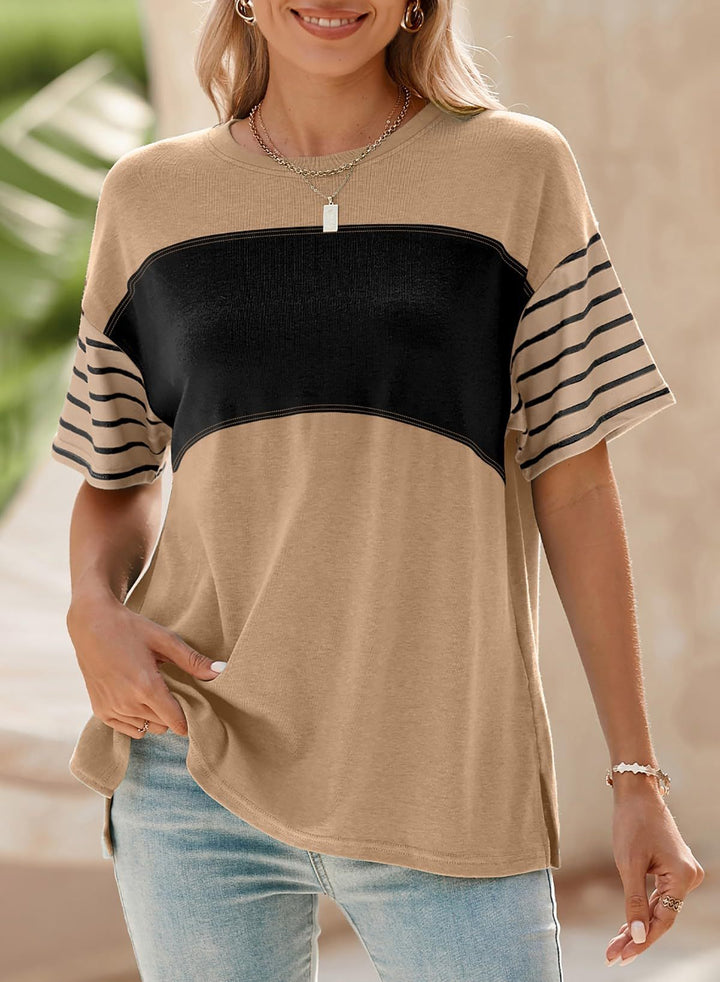 Damen Oversize-Shirt mit Kontrastpaneel, gestreiften Ärmeln und Seitenschlitzen Drune