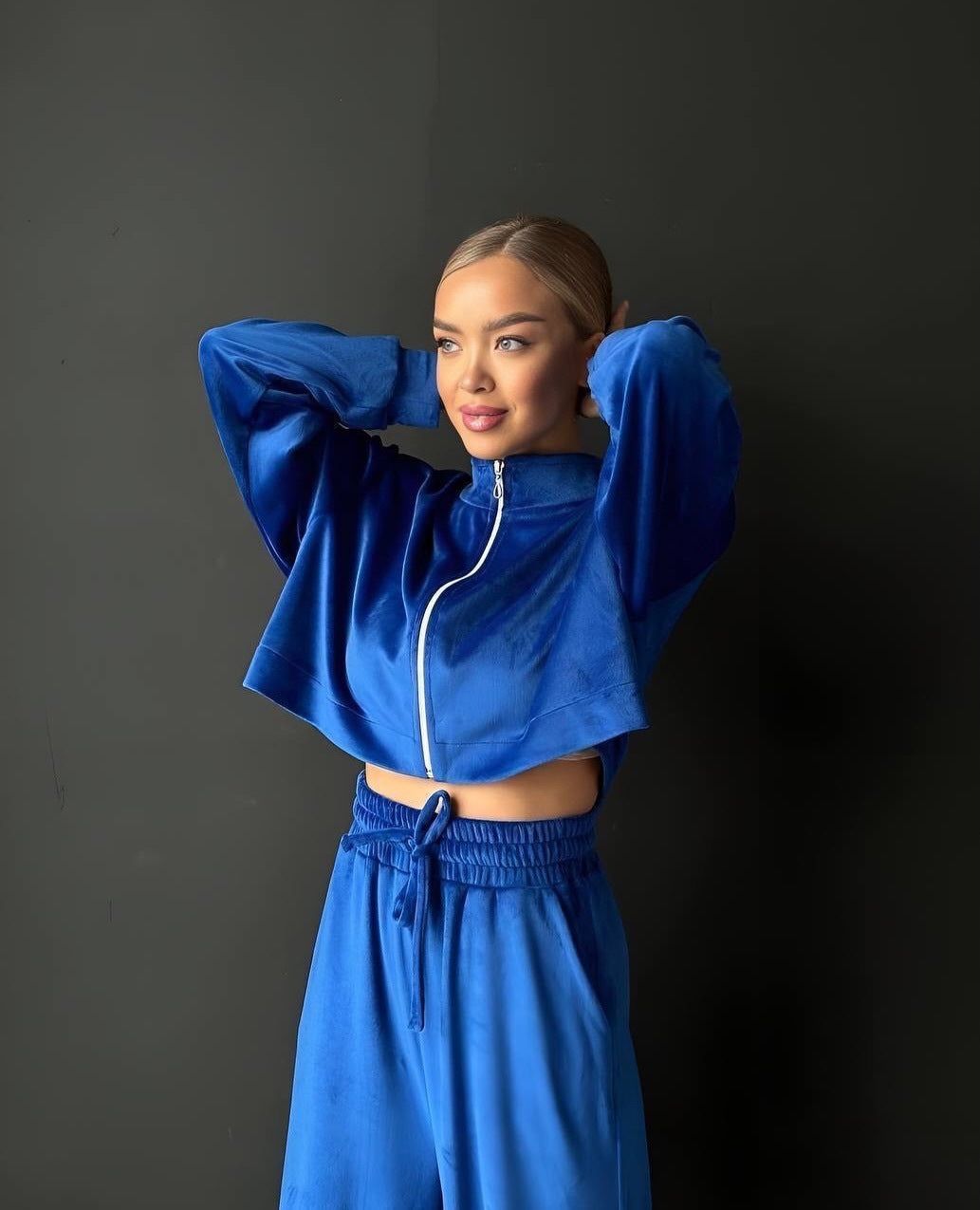 Damen gekürztes Velours-Cropped-Hoodie mit Stehkragen und elastischer High-Waist-Palazzo-Jogginghose Drune