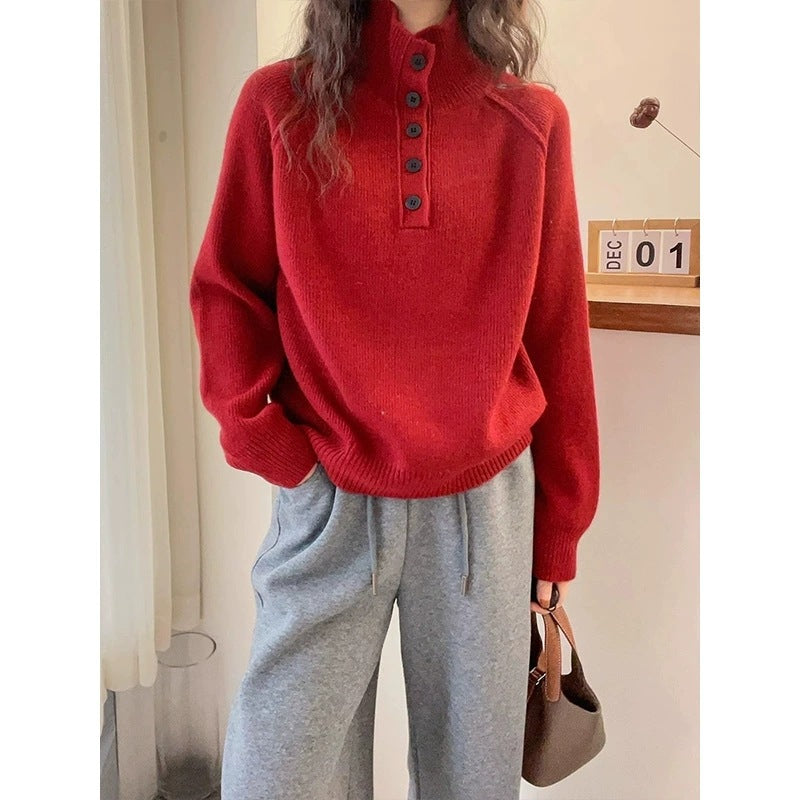 Damen lässiger Strickpullover mit Knopfleiste und kurzem Kragen Drune