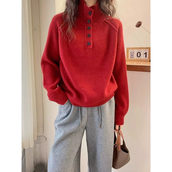 Damen lässiger Strickpullover mit Knopfleiste und kurzem Kragen Drune