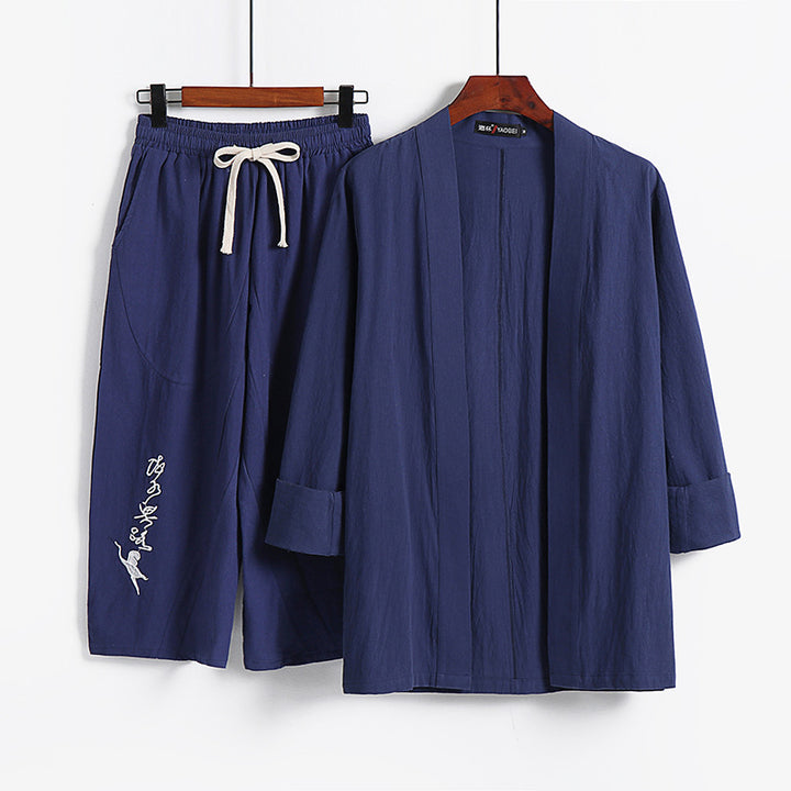 Damen Kimono-Set aus leichter Baumwollmischung offene Jacke mit lässig gekrempelten Ärmeln und weiter Haremshose mit Kordelzug Drune