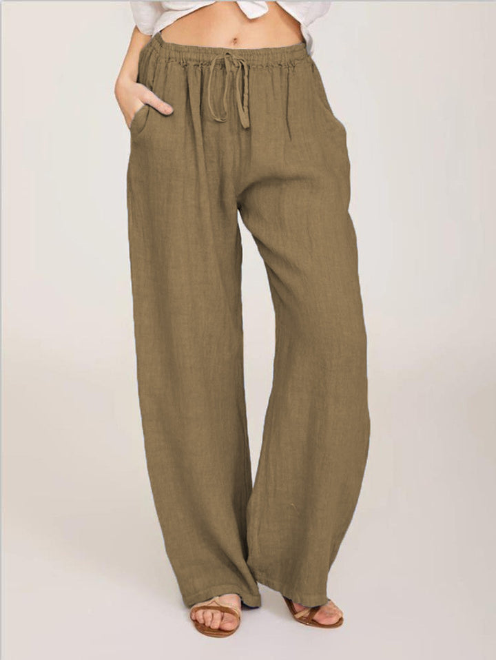 Damen luftige Palazzo-Hose mit Tunnelzugbund, elastischem Taillenabschluss und seitlichen Eingrifftaschen Drune
